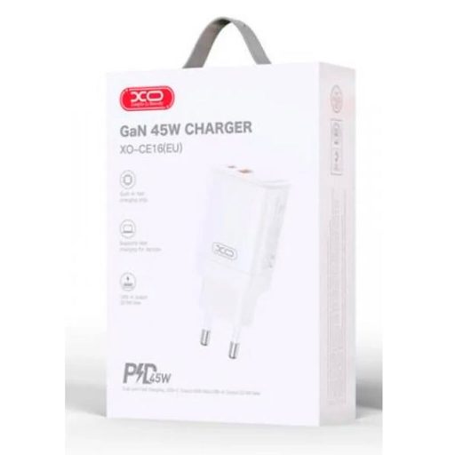 XO GaN 45W gyorstöltő adapter Type-C + USB, fehér