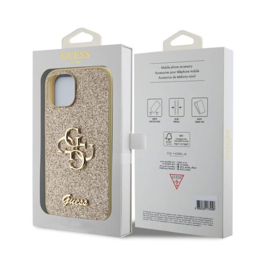 Guess Glitter Script Big 4G Apple iPhone 15 hátlap tok, arany GUHCP15SHG4SGD