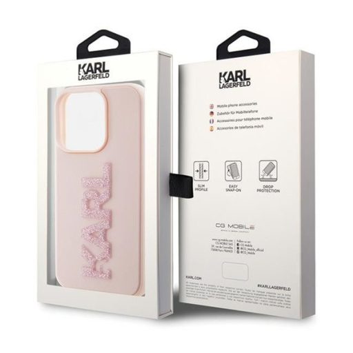 Karl Lagerfeld 3D Rubber Glitter Logo Apple iPhone 15 Pro hátlap tok, rózsaszín KLHCP15L3DMBKCP