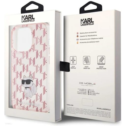 Karl Lagerfeld Monogram Choupette Apple iPhone 15 Pro hátlap tok, rózsaszín KLHCP15LHNCMKLP