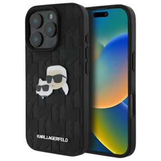   Karl Lagerfeld Monogram Karl&Chaoupette Head Pin iPhone 16 Pro kemény hátlap tok, fekete KLHCP16LPGKLKCPK