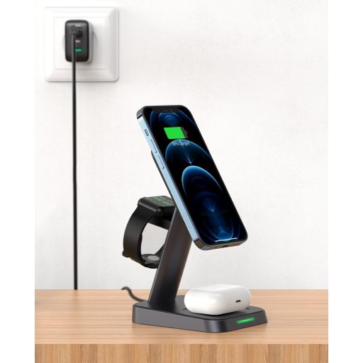 AceFast E3 3 az 1-ben Qi vezeték nélküli töltőállomás iPhone, Apple Watch, Airpods készülékekhez FEKETE