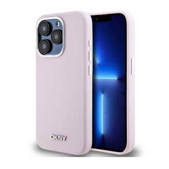   DKNY Liquid Silicone Silver Metal Logo Magsafe iPhone 15 Pro Max hátlap tok, rózsaszín dkhmp15xsmchlpp