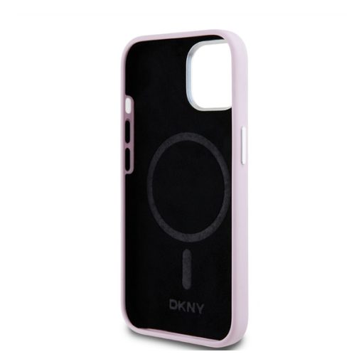 DKNY Liquid Silicone Silver Metal Logo Magsafe iPhone 15 Pro Max hátlap tok, rózsaszín dkhmp15xsmchlpp