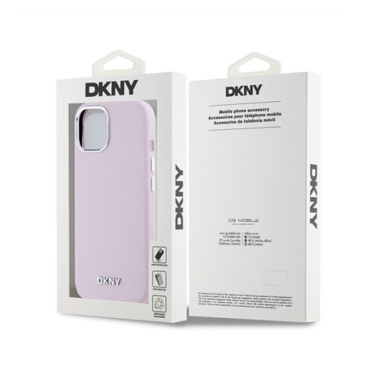 DKNY Liquid Silicone Silver Metal Logo Magsafe iPhone 15 Pro Max hátlap tok, rózsaszín dkhmp15xsmchlpp