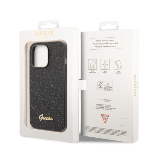 Guess Glitter Flakes Metal Logo Apple iPhone 14 Pro hátlap tok, fekete guhcp14lpmsdgsk