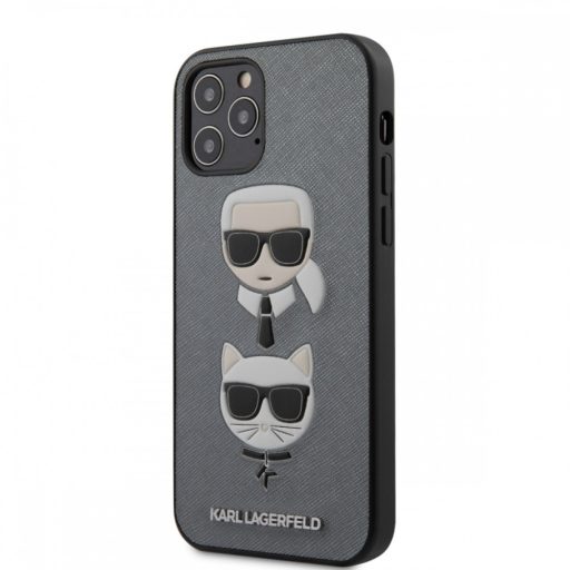 Karl Lagerfeld Karl és Choupette mintás bőrhatású tok, hátlap SZÜRKE iPhone 12 / 12 Pro