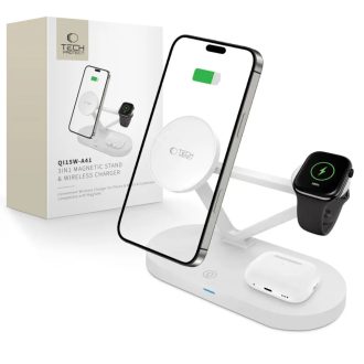   Tech-Protect 3 az 1-ben Qi vezeték nélküli töltőállomás iPhone, Apple Watch, Airpods készülékekhez FEHÉR