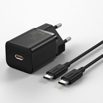   Baseus Super-Si gyorstöltő adapter, Type-C kábellel, 25W, fekete