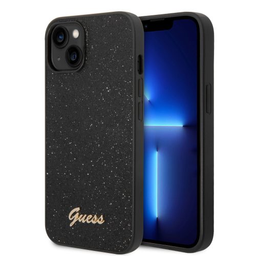 Guess Glitter Flakes Metal Logo Apple iPhone 14 Plus hátlap tok, fekete GUHCP14MHGGSHK