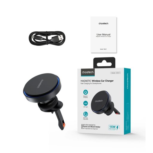 Choetech T205-F Magsafe autós tartó, szellőzőrácsba, wireless gyorstöltő, fekete, 15W